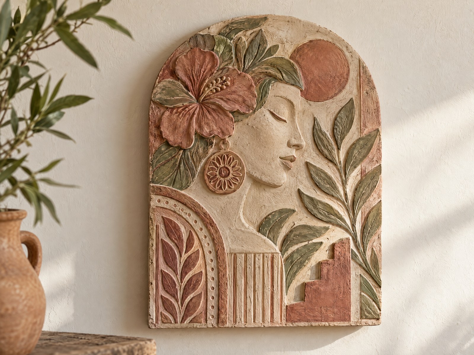 Imagen conceptual de una obra decorativa con relieves y formas botánicas; no representa una pieza disponible